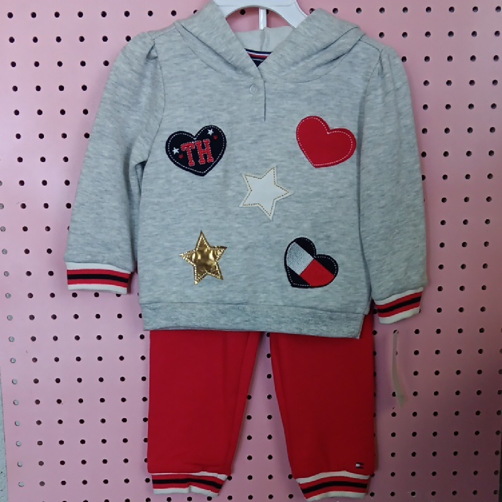 Toddler 2 Pc 18 Months Tommy Hilfiger Gray & Red Sweat / Jogging Outfit W/Hood